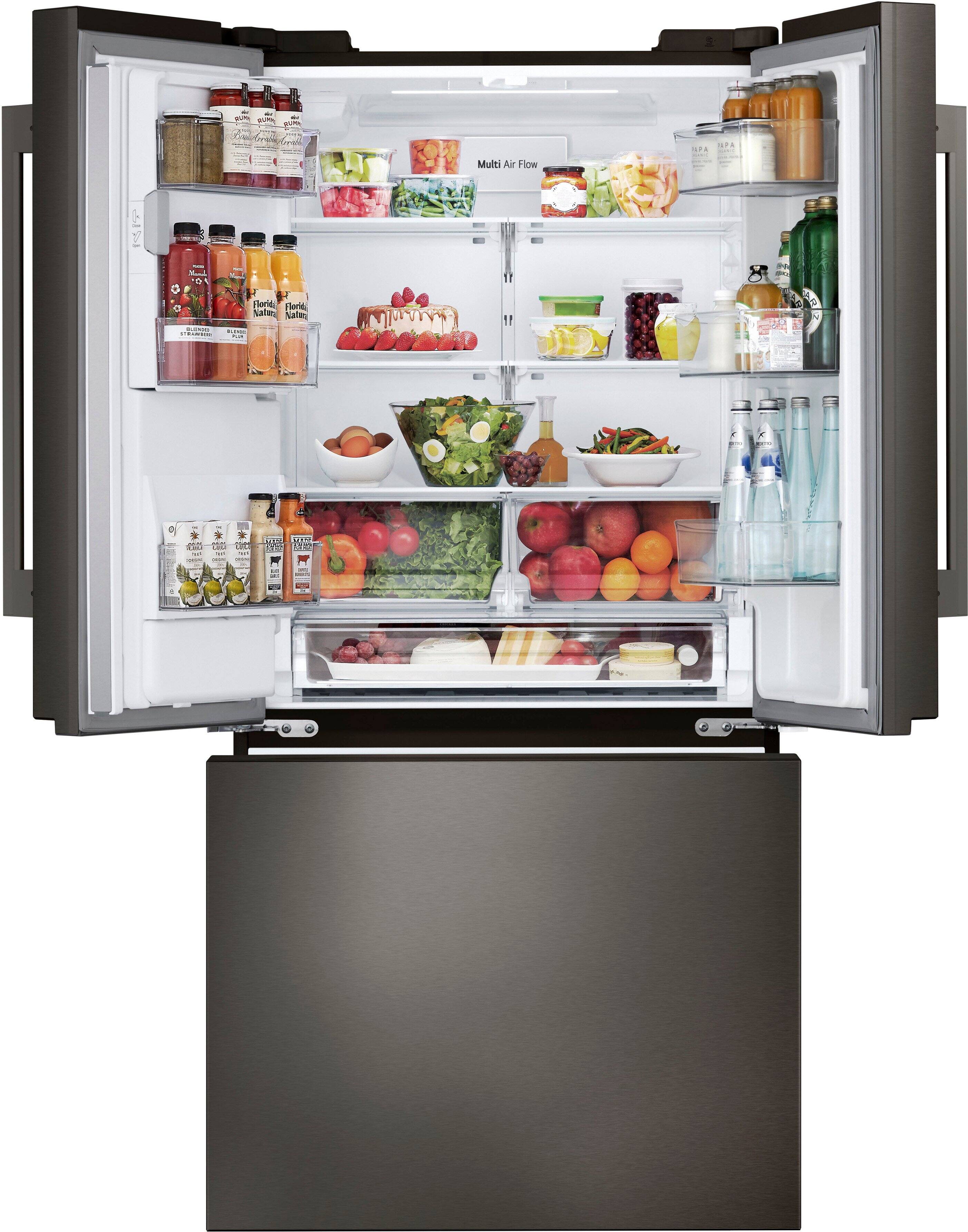 A refrigerator is full of food and drinks. The refrigerator contains a variety of items, including fruits, vegetables, juices, and other beverages. The fruits and vegetables are placed in the upper shelves, while the juices and other drinks are stored in the lower shelves. The refrigerator is well-stocked and ready for use.