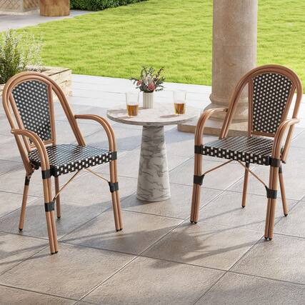 Front. Gymax - Gymax Outdoor French Bistro Chairs 2 PCS w/ Armrests Galvanized Metal Frame Black & White - Black, White.