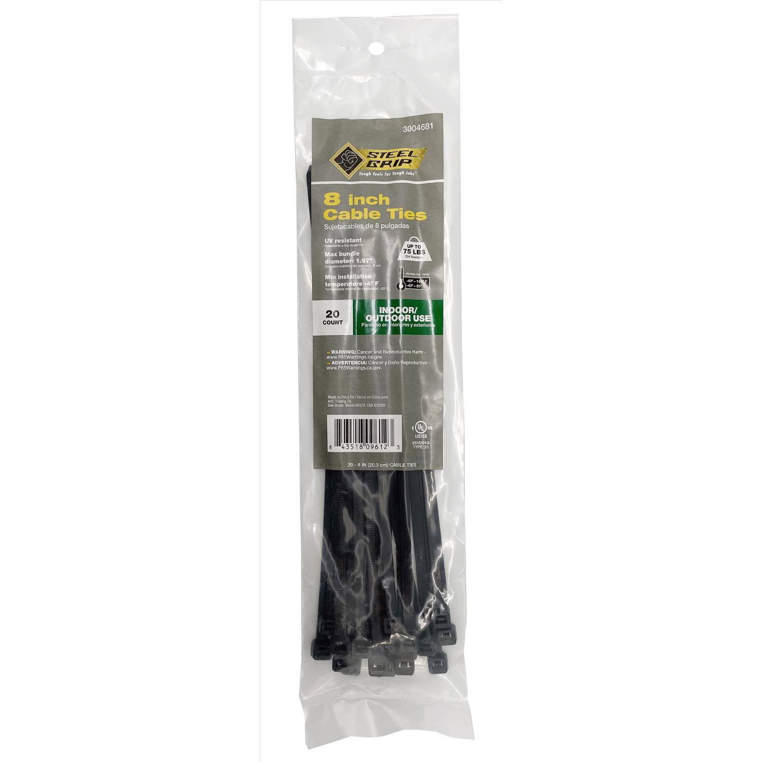 3004681 STEEL RIPP  
8 inch Cable Ties  
Sujetadores de 8 pulgadas  
UV resistant  
Max. bundling: 75 lbs  
Min. installation: 20 lbs  
20 COUNT  
INDOOR/ OUTDOOR USE  
WARNING: Contraction of the cable tie may cause injury.  
ADVERTENCIA: La contracción del sujetador puede causar lesiones.  
ADVERTENCIA: La contraction du sujetador peut causer des blessures.  
ADVERTENCIA: La contrazione del sujetador puede causar lesiones.  
ADVERTENCIA: La contrazione del sujetador può causare lesioni.  
ADVERTENCIA: La contrazione del sujetador può causare lesioni.  
ADVERTENCIA: La contrazione del sujetador può causare lesioni.  
ADVERTENCIA: La contrazione del sujetador può causare lesioni.  
ADVERTENCIA: La contrazione del sujetador può causare lesioni.  
ADVERTENCIA: La contrazione del sujetador può causare lesioni.  
ADVERTENCIA: La contrazione del sujetador può causare lesioni.  
