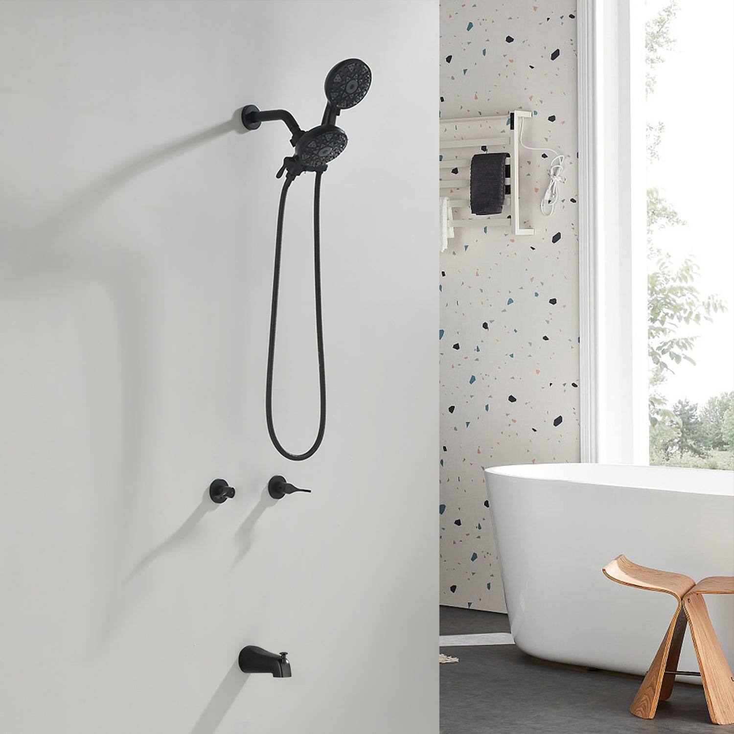 Alt View 2. Boyel Living - Matte Black Shower Set with Dual Handle Control 6 Function Dual Shower Heads and Tub Spout - Matte Black.