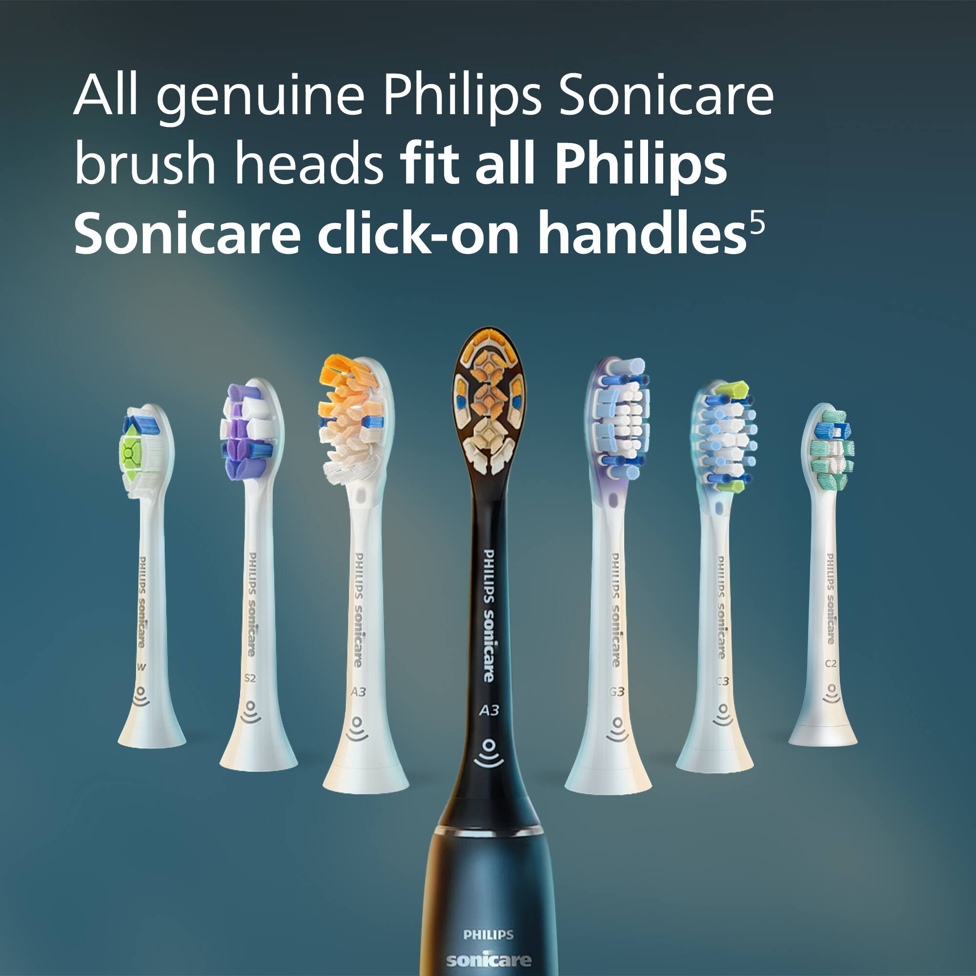 All genuine Philips Sonicare brush heads fit all Philips Sonicare click-on handles5

SHLIPS sonicare  
PHILIPS sonicare 52  
PHILIPS sonicare 3  
PHILIPS sonicare 3  
DHILIDS conicaro G3  
DUILIDS sonicare  
PHILIPS sonicare C2  
PHILIPS sonicare