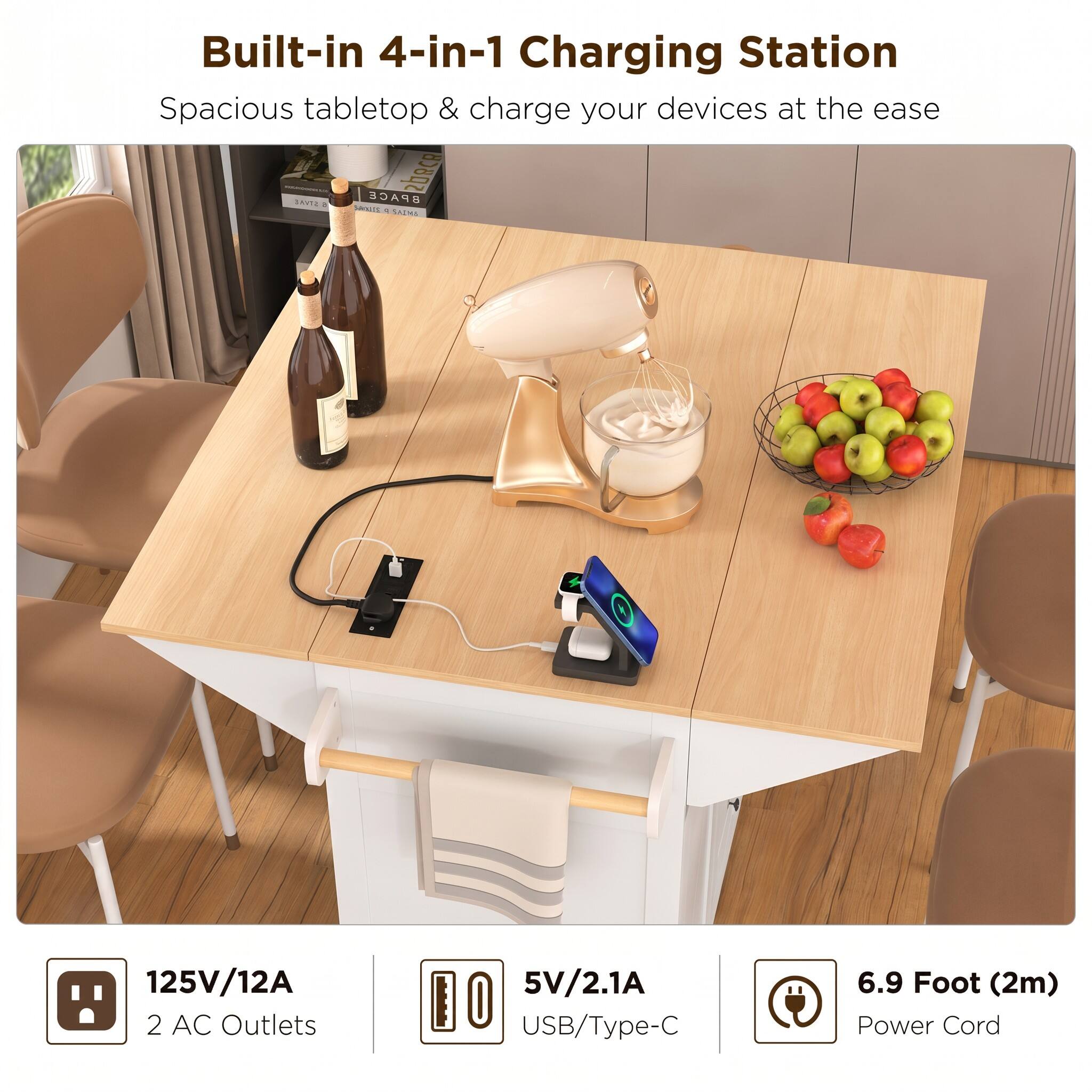 Built-in 4-in-1 Charging Station  
Spacious tabletop & charge your devices at the ease  

125V/12A  
2 AC Outlets  
5V/2.1A USB/Type-C  
6.9 Foot (2m) Power Cord