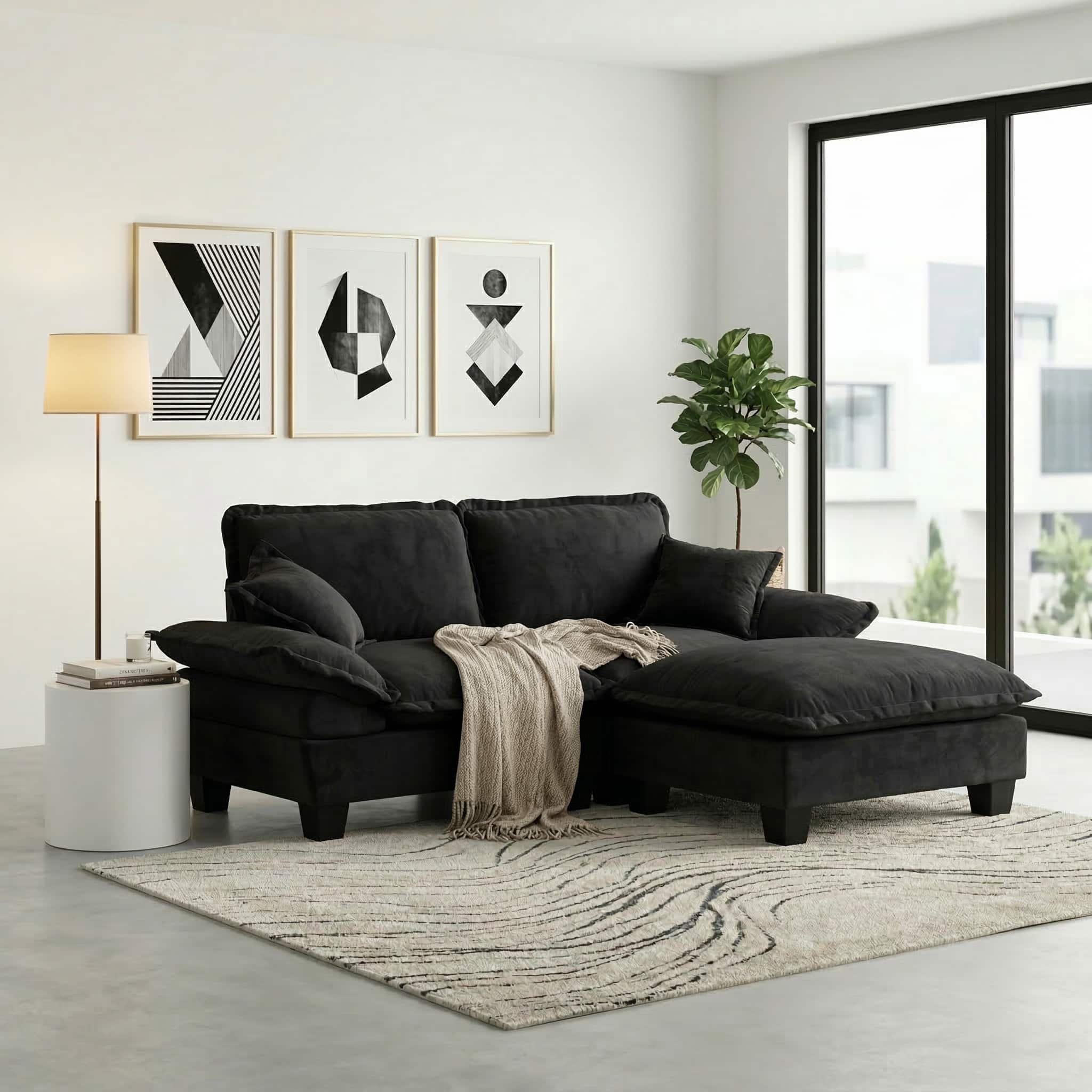 Anysun - Cloud Chenille Sectional Sofa with Sailboat Design - Includes 1 Ottoman & 2 Pillows for Apartment Living Room - Black