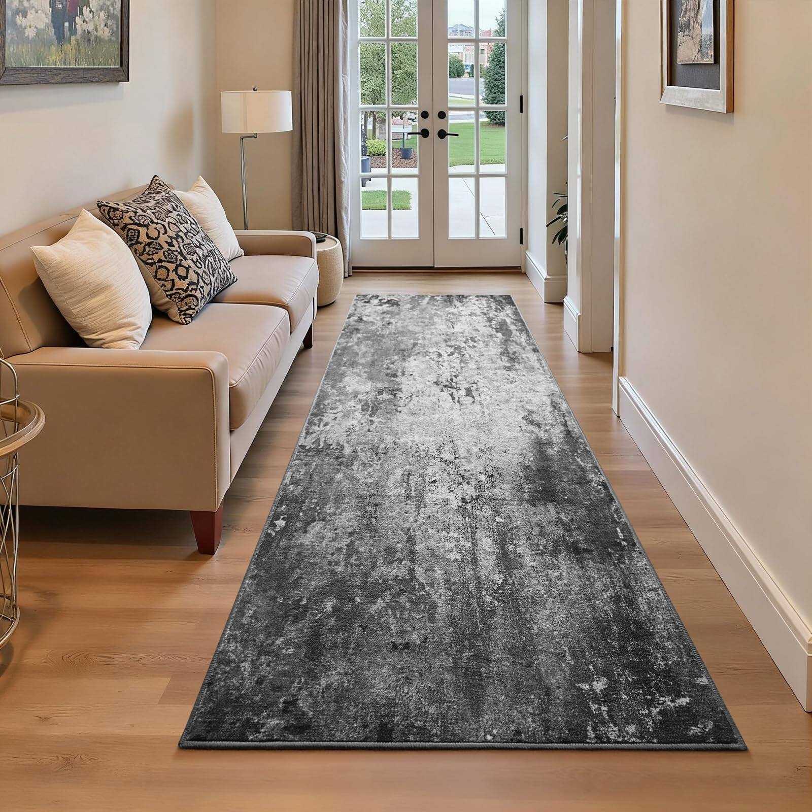 PARKER SLATER - Non Slip Washable Soft Abstract Long Carpet Runner Rug Rubber Backing Hallways Kitchen Bedroom Bathroom Entryway Grey - Black