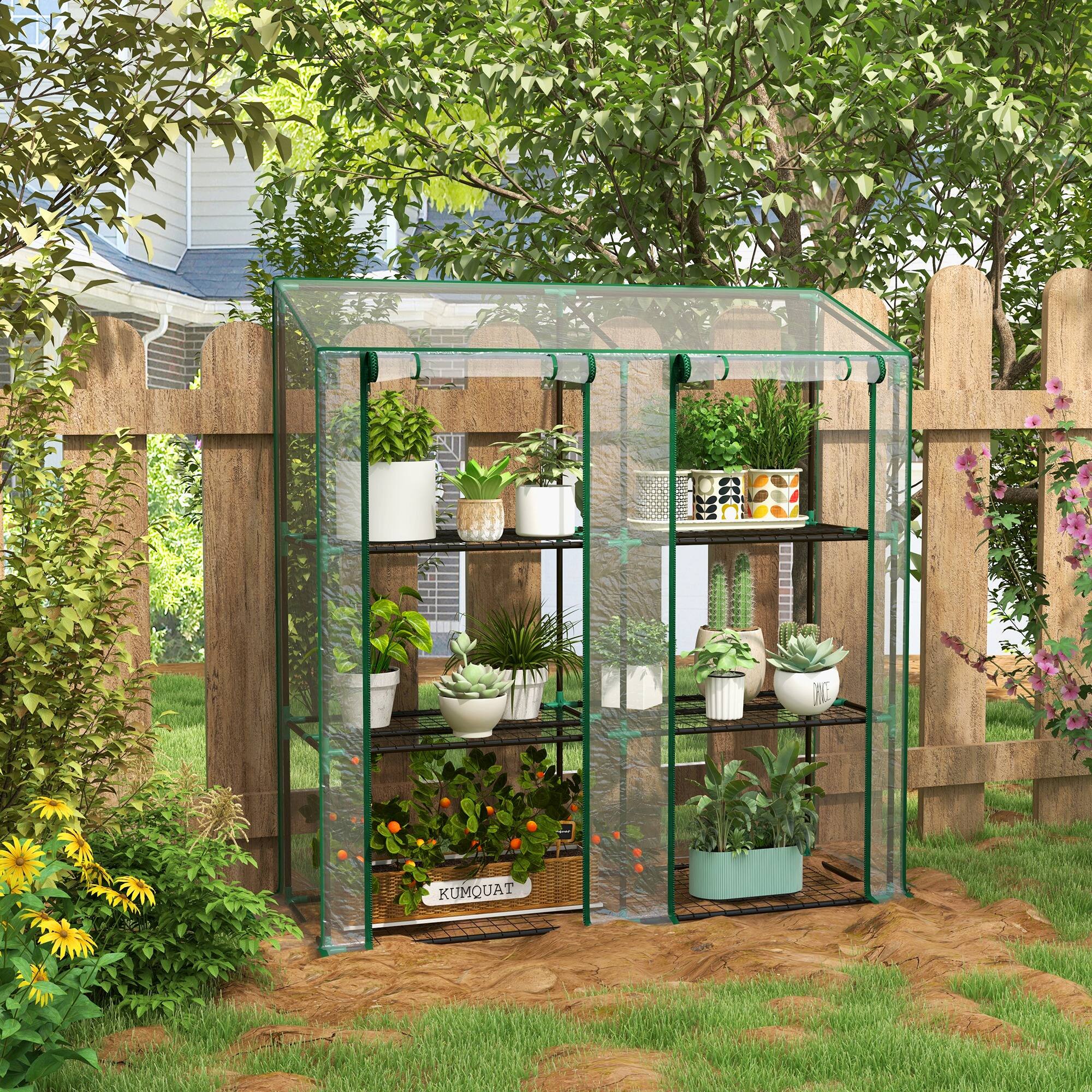 Alt View 1. Outsunny - Lean-to Greenhouse with 3 Tier Shelves, 56.3" x 18.1" x 59.4" Portable Small Greenhouse with 2 Roll-Up Zippered Doors.