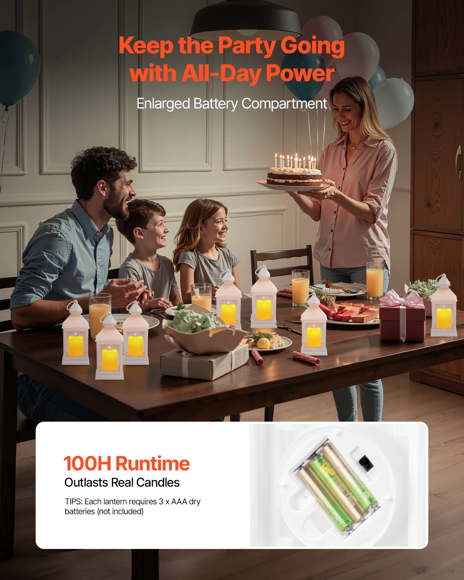 Keep the Party Going with All-Day Power  
Enlarged Battery Compartment  

100H Runtime  
Outlasts Real Candles  

TIPS: Each lantern requires 3 x AAA dry batteries (not included)