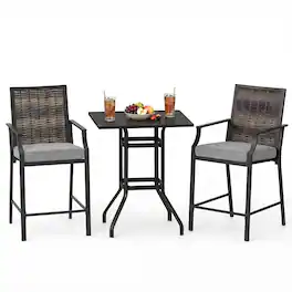 Gymax - 3PCS Outdoor Bar Set High Top Patio Bar Table & Rattan Wicker Chairs w/Cushions - Gray