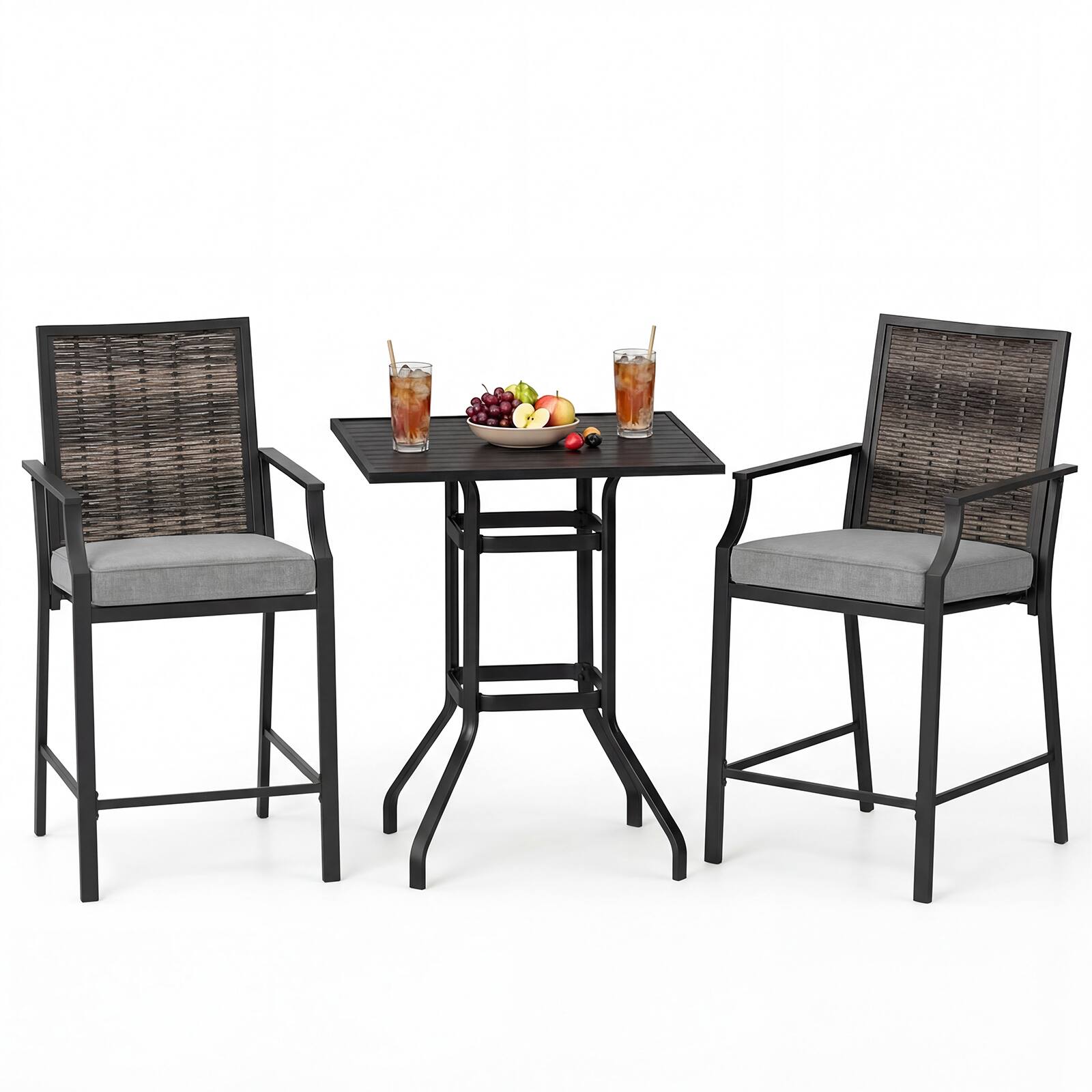 Front. Gymax - Gymax 3PCS Outdoor Bar Set High Top Patio Bar Table & Rattan Wicker Chairs w/Cushions - Grey.