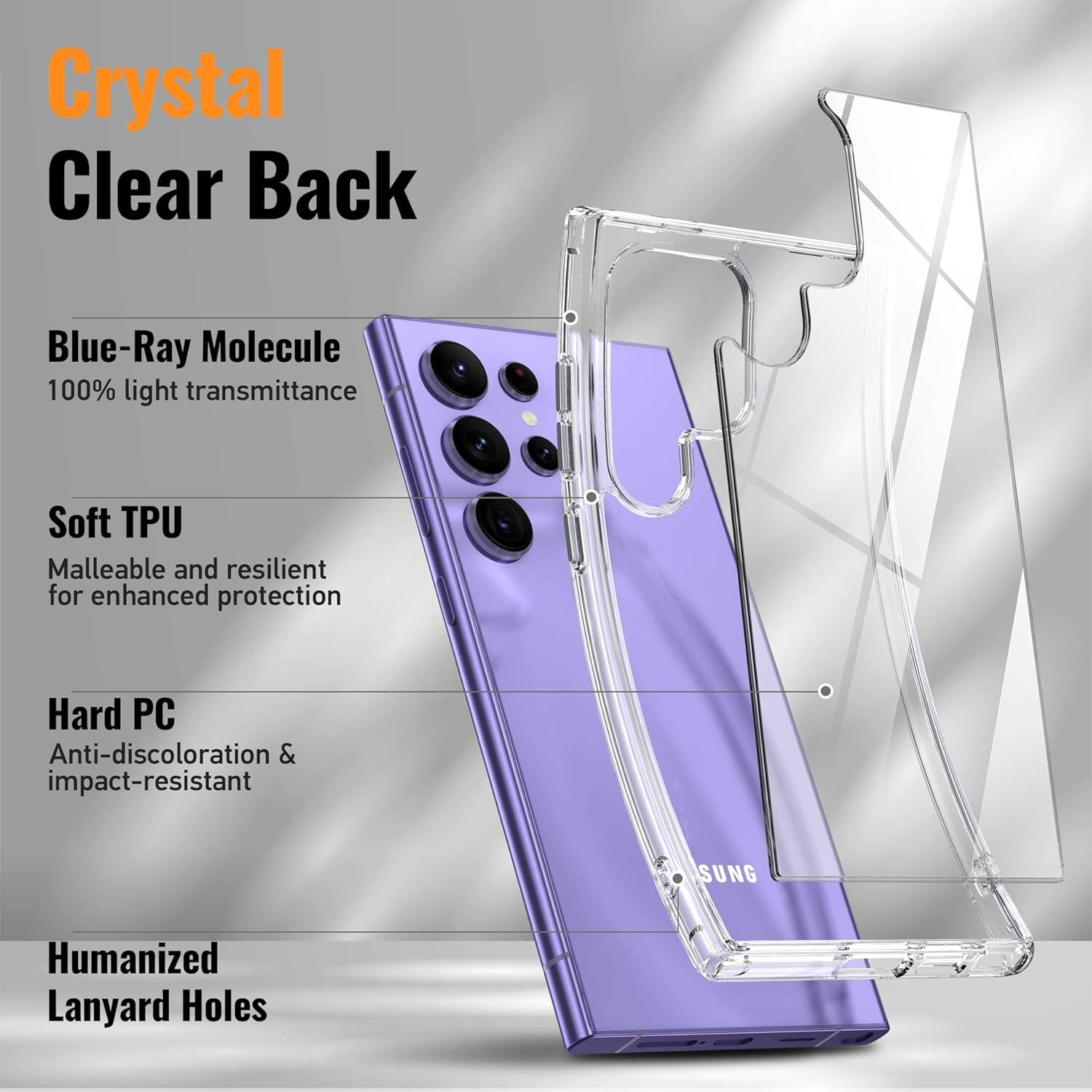 Crystal Clear Back

Blue-Ray Molecule 100% light transmittance
Soft TPU Malleable and resilient for enhanced protection
Hard PC Anti-discoloration & impact-resistant
Humanized Lanyard Holes