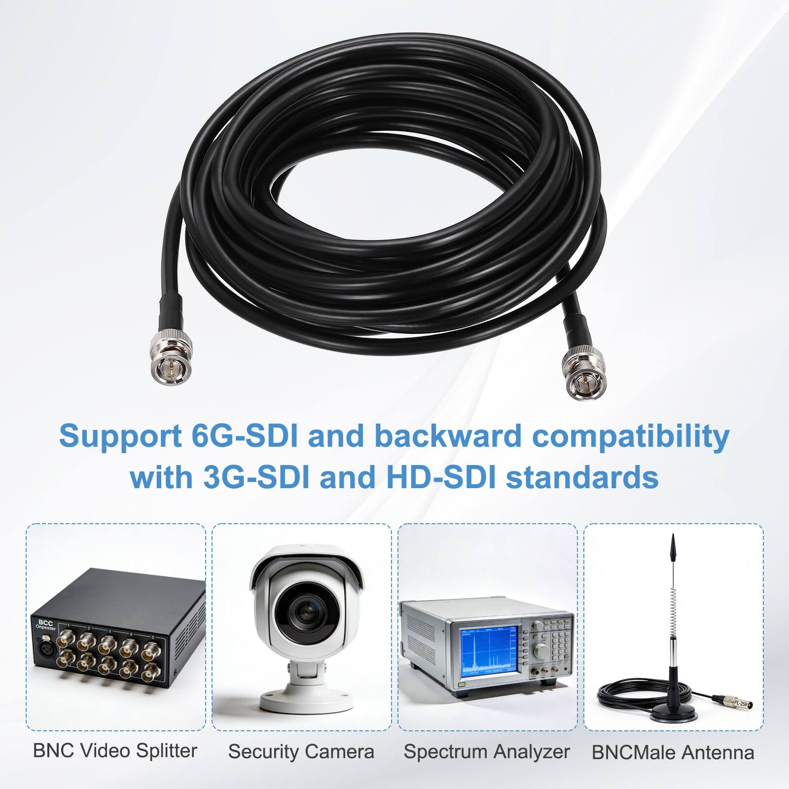 Support 6G-SDI and backward compatibility with 3G-SDI and HD-SDI standards

- BNC Video Splitter
- Security Camera
- Spectrum Analyzer
- BNC Male Antenna
