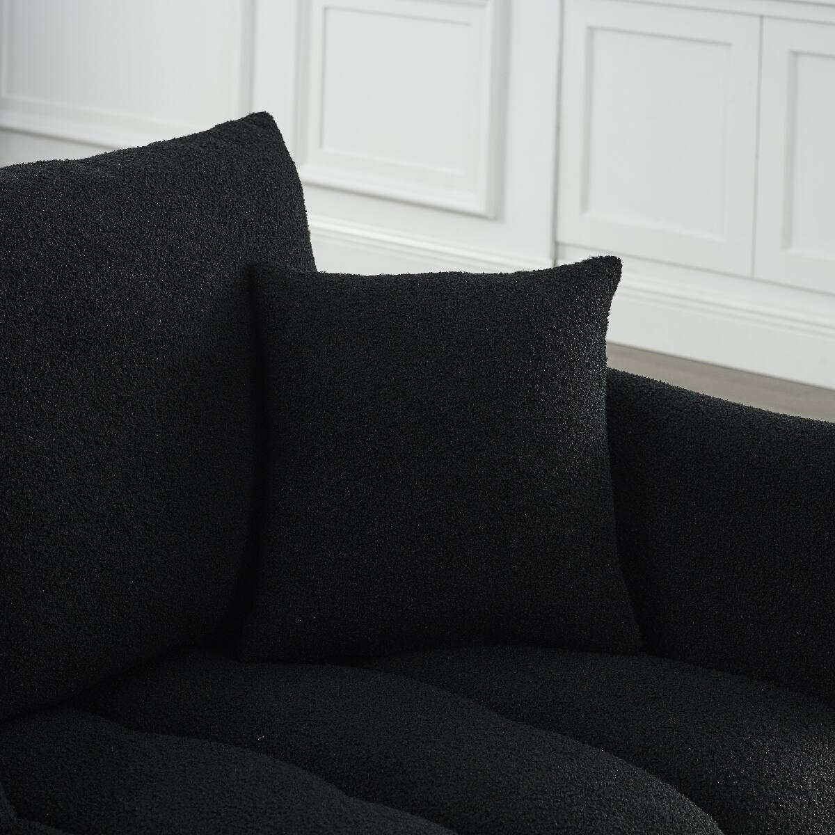 Alt View 3. Ropilly - Ropilly Black Upholstered Sofa, 3 Seater Teddy Fabric Sofa with Pillows and Solid Wood Frame - Black.