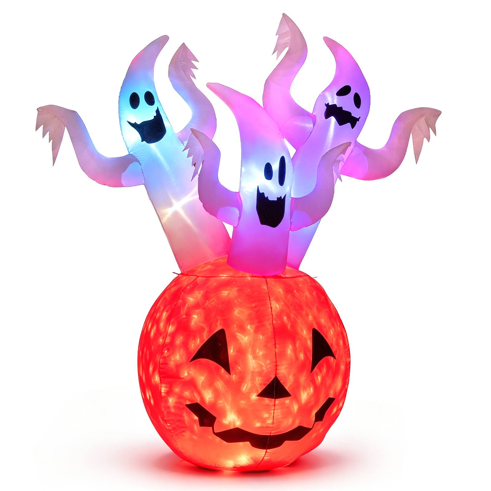 Alt View 9. Costway - Costway 6FT Inflatable Ghost Pumpkin with Colorful Lights 2 Wind Ropes 3 Built-in Sand Bags - MultiColor.