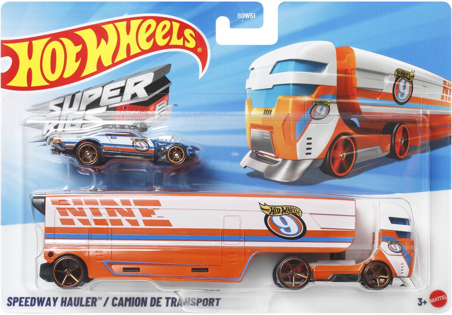 BDW51  
Hot Wheels  
SUPER  
9  
SPEEDWAY HAULER / CAMION DE TRANSPORT  
3+  
MATTEL