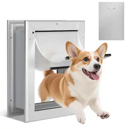 Front. Ownpets - Lockable Double Flaps Aluminum Anti-Rust Telescoping Pet Door for Small to Large Dogs - Silver.
