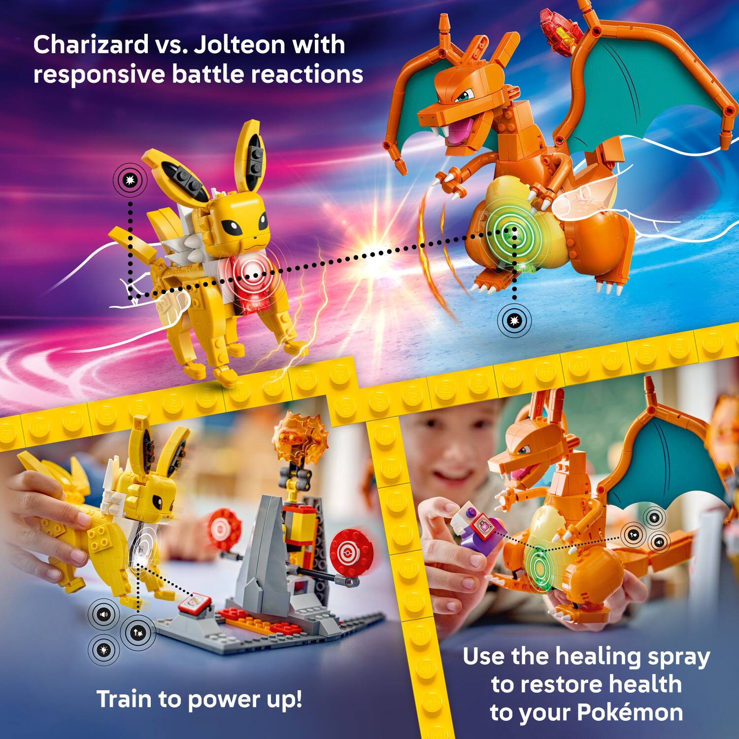 Charizard vs. Jolteon with responsive battle reactions

Train to power up!

Use the healing spray to restore health to your Pokémon