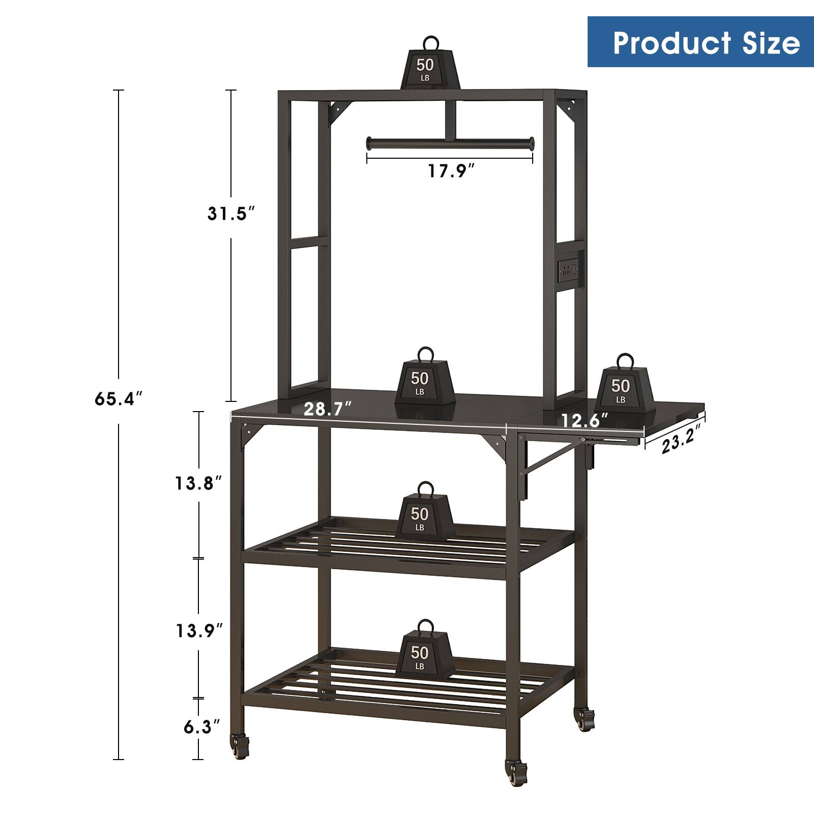 Product Size

- Height: 65.4"
- Width: 31.5"
- Depth: 28.7"
- Shelf 1: 13.8" (Height) x 23.2" (Depth)
- Shelf 2: 13.9" (Height) x 23.2" (Depth)
- Shelf 3: 6.3" (Height) x 23.2" (Depth)
- Barbell Rack: 17.9" (Width) x 12.6" (Depth)