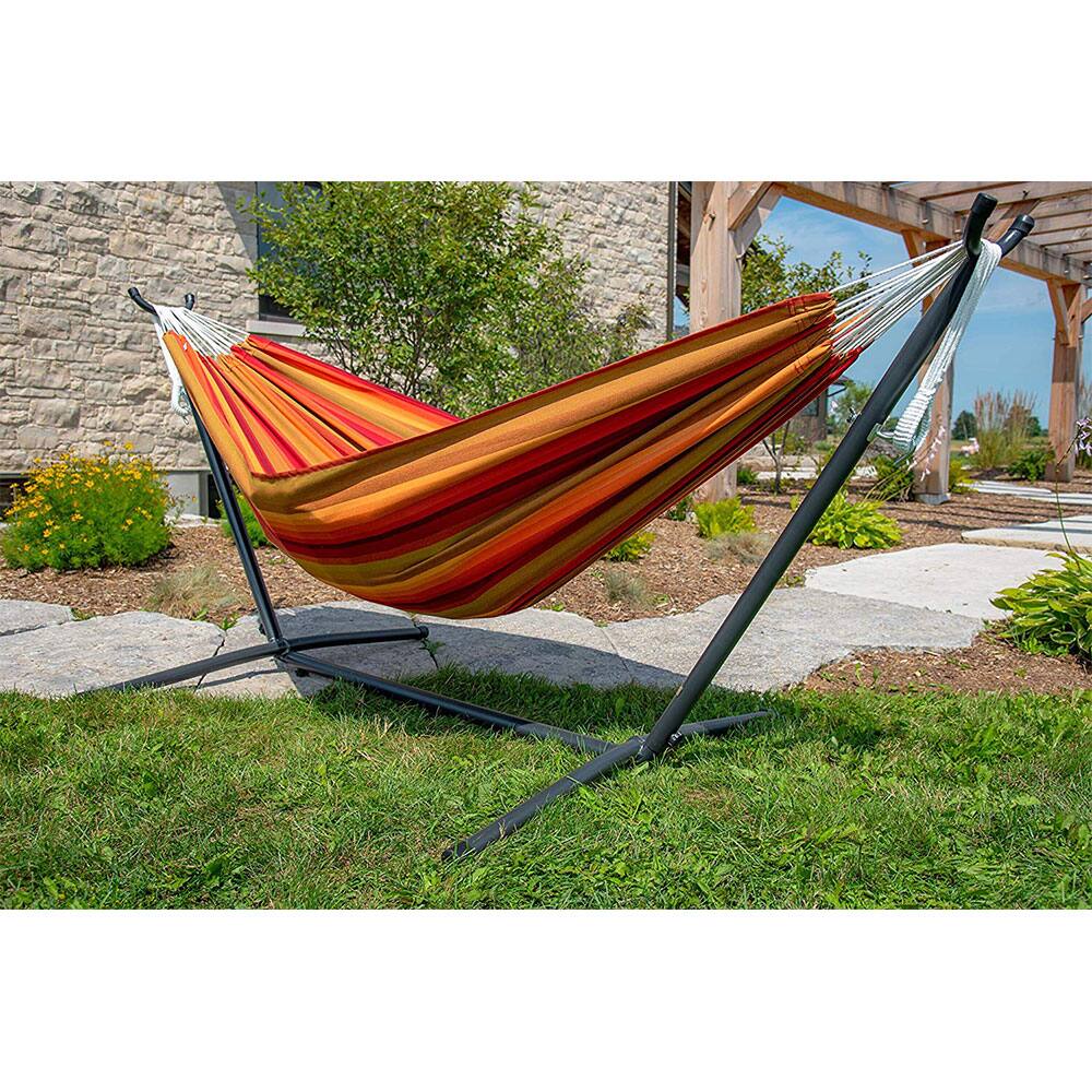 Alt View 1. Vivere - Vivere Brazilian Style Sunbrella Double Hammock with Steel Stand Combo, Sunset - Orange.