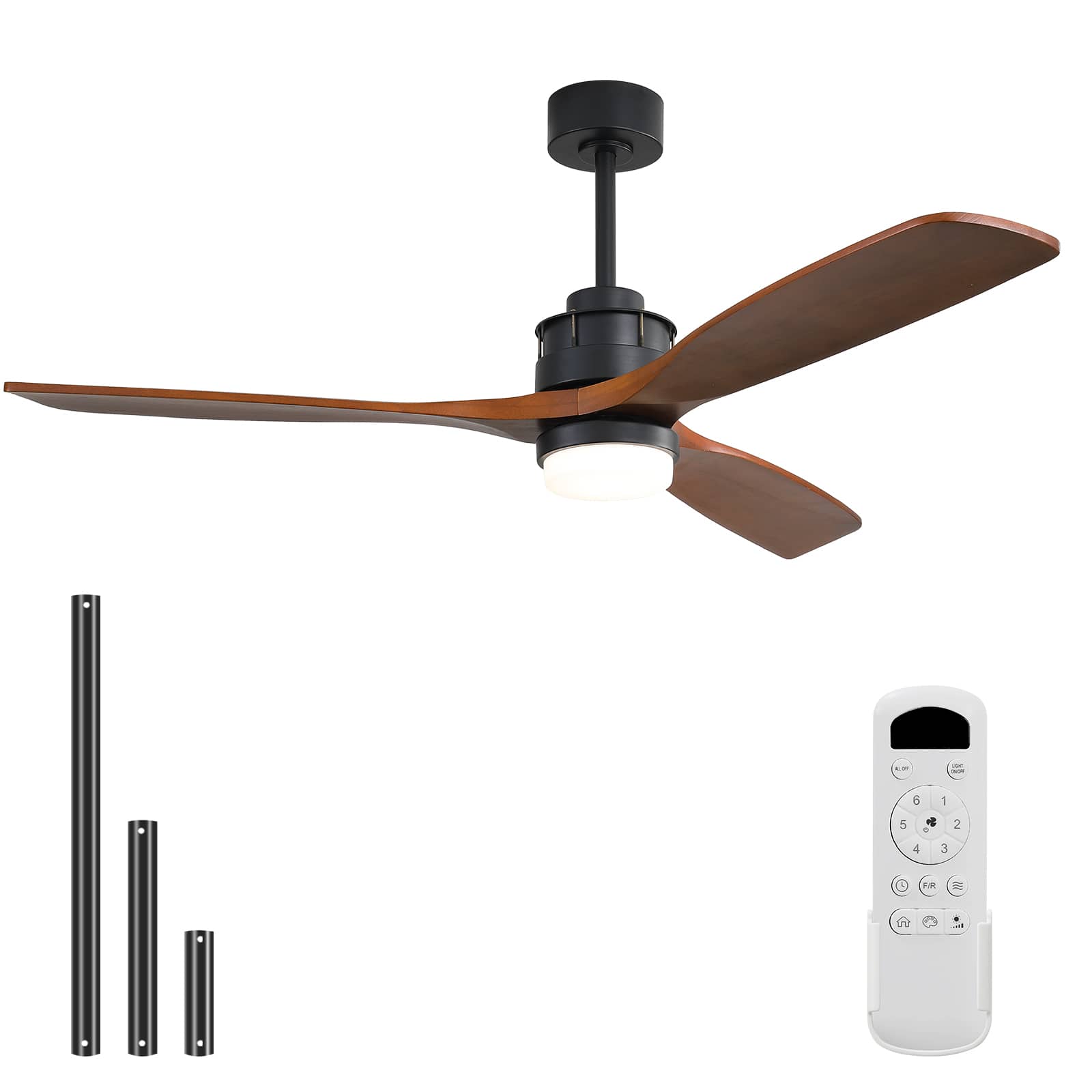 Sofucor - 60 Inch Solid Wood Ceiling Fan With Remote Control Indoor/Outdoor Ceiling Fan with Reversible DC Motor 6 Speed 3 Blades - Black-Walnut with Light