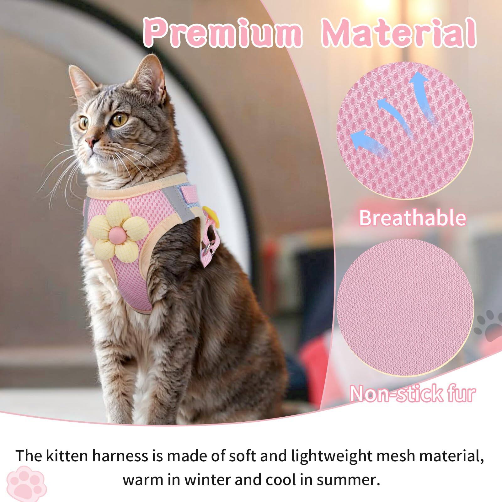Premium Material

The kitten harness is made of soft and lightweight mesh material, warm in winter and cool in summer.

- Breathable
- Non-stick fur