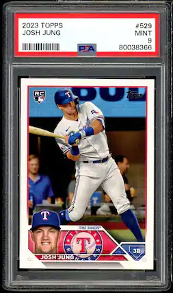 2023 TOPPS JOSH JUNG FSA #529 MINT 9 80038366 RC & T LOPIES * 1 O T T TEXAS RANGERS T AS S R T >1 S JOSH JUNG ACENS N E 3B PSA