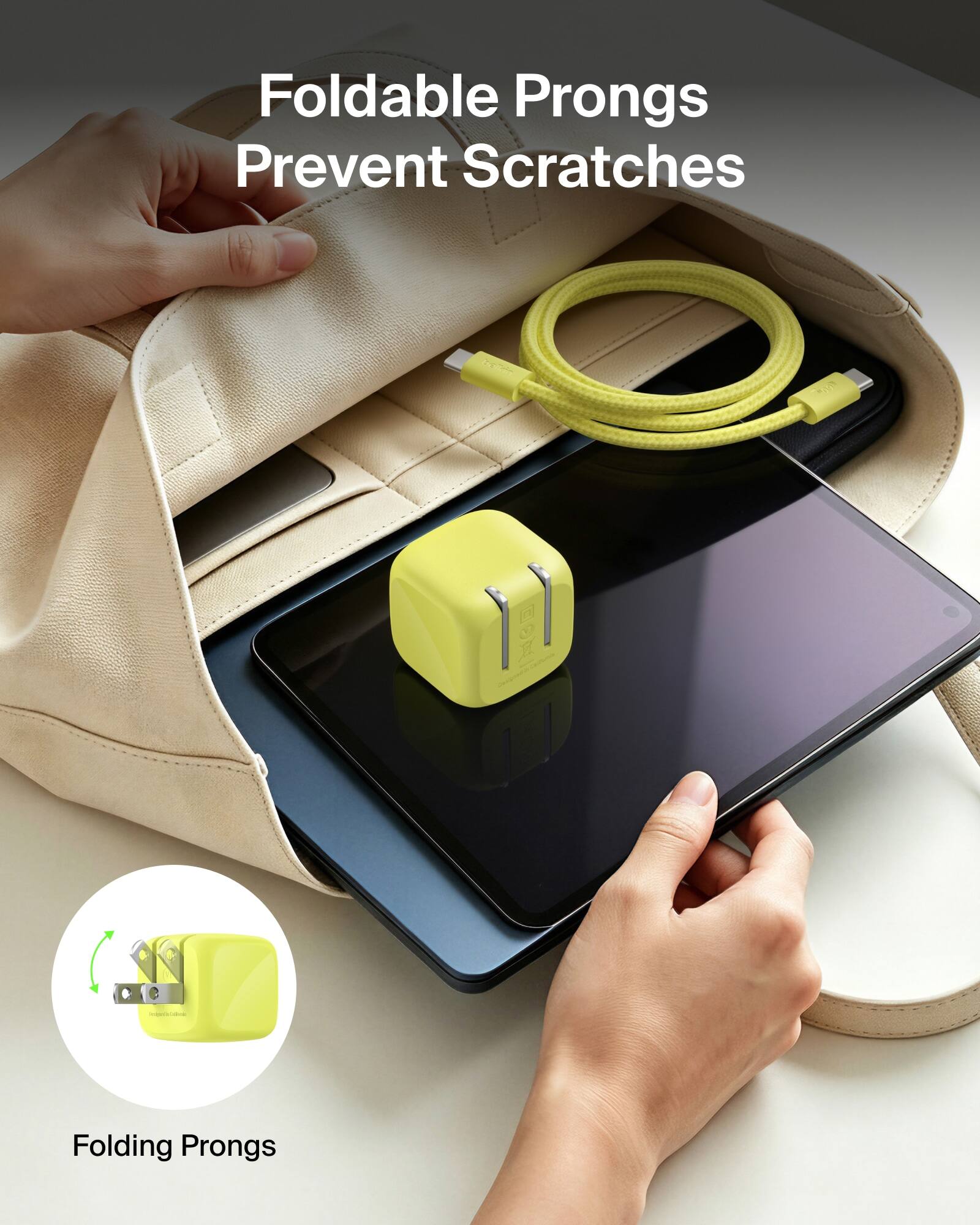 Foldable Prongs Prevent Scratches

Folding Prongs