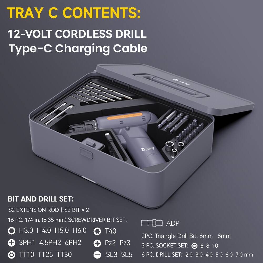 TRAY C CONTENTS:

12-VOLT CORDLESS DRILL  
Type-C Charging Cable

BIT AND DRILL SET:

- S2 EXTENSION ROD | S2 BIT x 2
- 16 PC. 1/4 in. (6.35 mm) SCREWDRIVER BIT SET:  
  - H3.0 H4.0 H5.0 H6.0  
  - T40  
  - 3PH1 4.5PH2 6PH2  
  - Pz2 Pz3  
  - TT10 TT25 TT30  
  - SL3 SL5  
- ADP
- 2PC. Triangle Drill Bit: 6mm 8mm
- 3 PC. SOCKET SET: 6 8 10
- 6 PC. DRILL SET: 2.0 3.0 4.0 5.0 6.0 7.0 mm