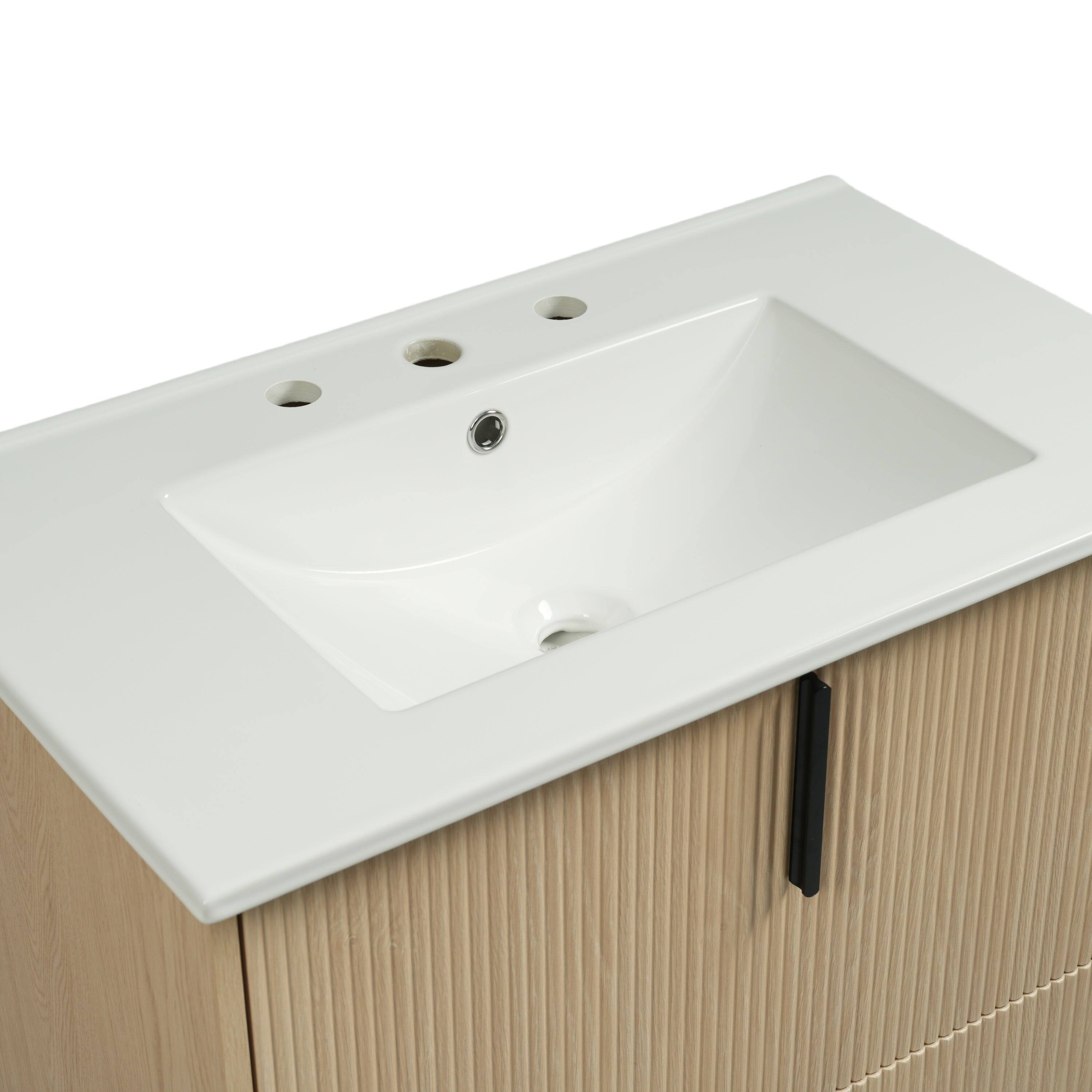 Back. Boyel Living - 30 Inch Bathroom Vanity with Ceramic Sink Full Extension Drawers Soft Close Fluted Design Natural - Natural.
