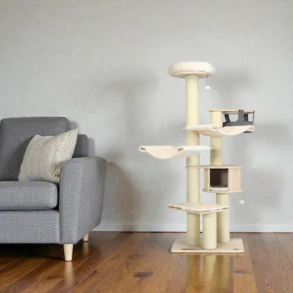 Front. BreeBe - Multi-Level Cat Tree with Condo and Sisal Scratching Posts, 77.5 Inches Tall - Beige.