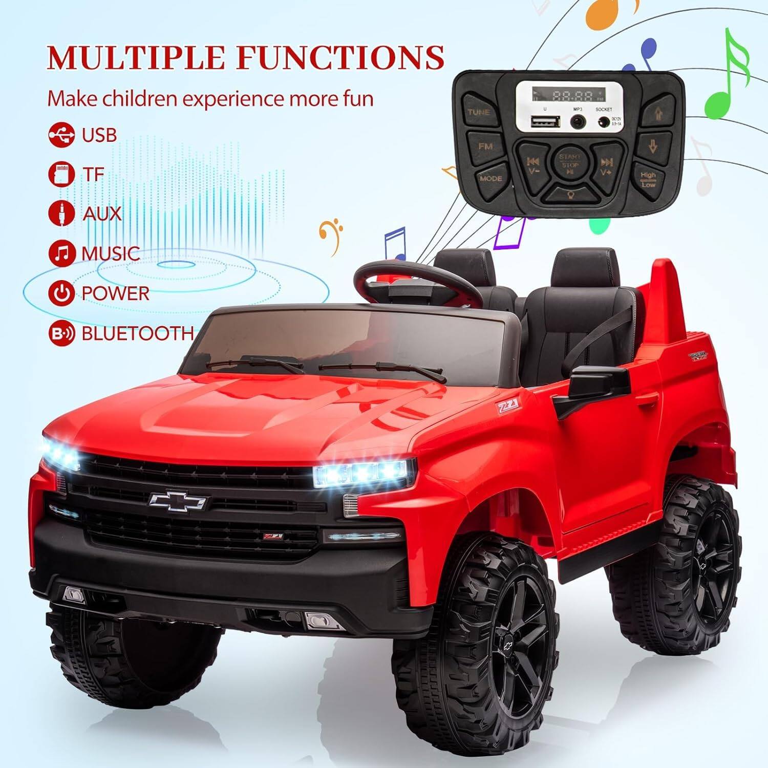 MULTIPLE FUNCTIONS  
Make children experience more fun  

- USB  
- TF  
- AUX  
- MUSIC  
- POWER  
- BLUETOOTH  

TUNE USB FM TF MODE 88.88  

V+ Hgh Loe AUX MUSIC POWER B-))