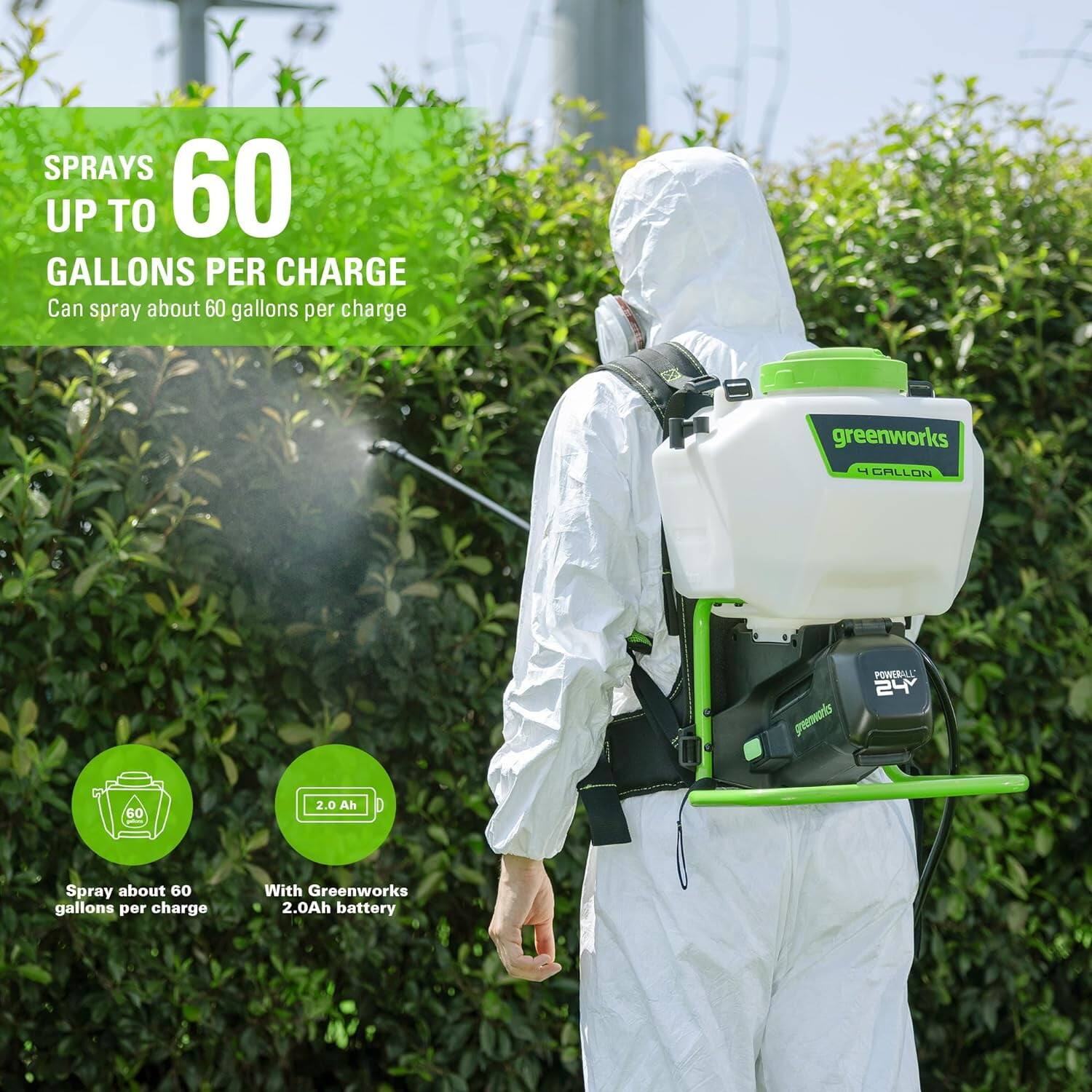 SPRAYS UP TO 60 GALLONS PER CHARGE  
Can spray about 60 gallons per charge  

greenworks  
4 GALLON  

Spray about 60 gallons per charge  
With Greenworks 2.0Ah battery