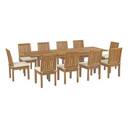 Modway - 11-Piece Outdoor Teak Dining Set - Seats 10, Solid Teak Table with Cushioned Chairs - Natural White