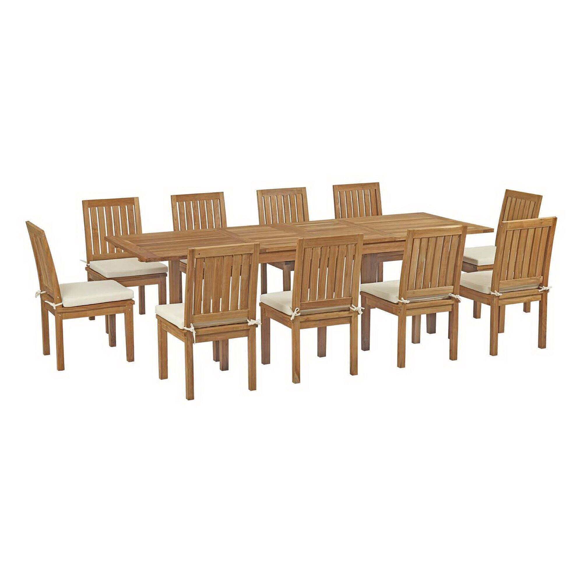 Front. Modway - 11-Piece Outdoor Teak Dining Set - Seats 10, Solid Teak Table with Cushioned Chairs - Natural White.