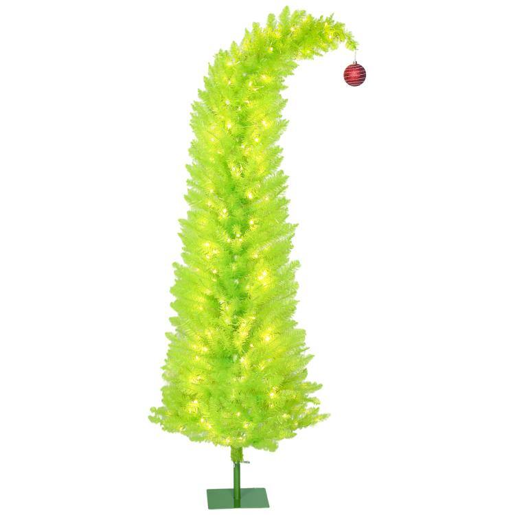 PULUZ - 6 ft Whimsical Christmas Tree, Pencil Xmas Tree with with Red Ball, Metal Base, Prelit with 230 LED Lights - Green