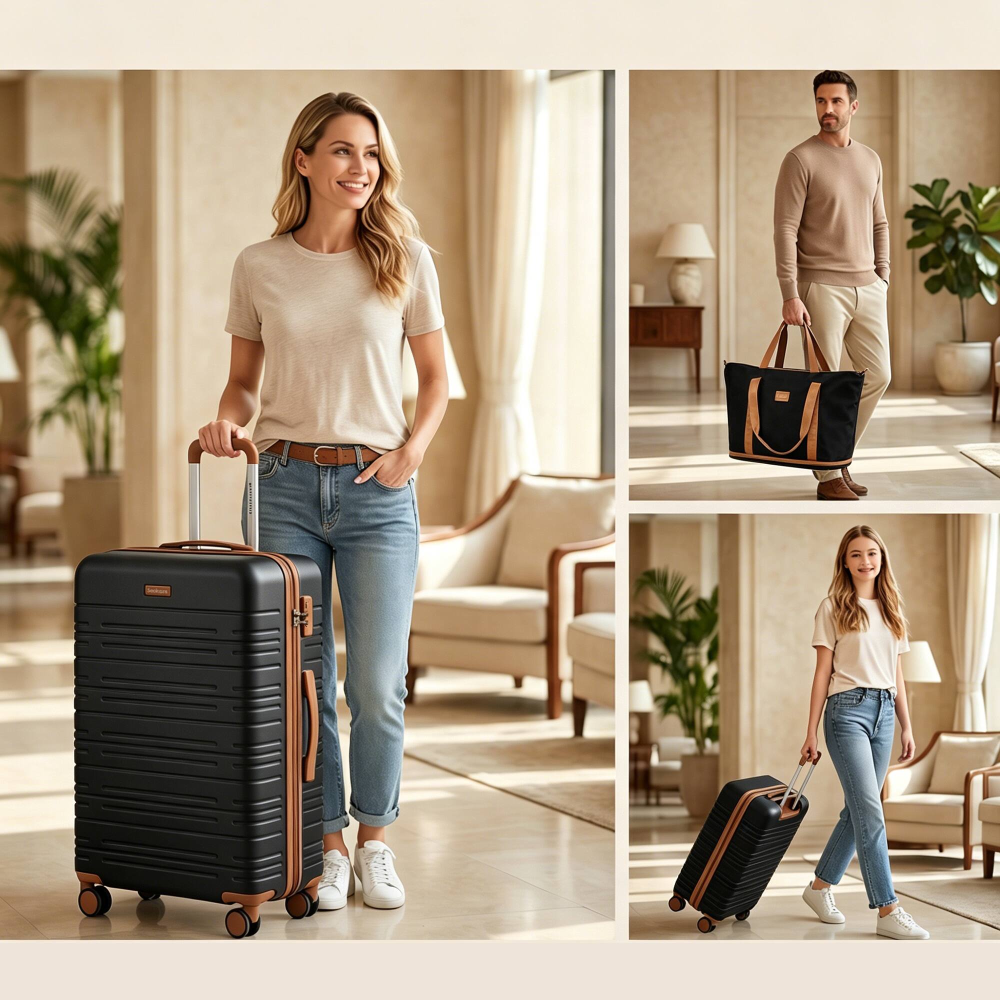 Left. Travelhouse - 6‑Piece Hardshell Family Luggage Set, Lightweight Striped Suitcase with TSA Lock - Black.