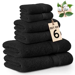Lux Decor Collection - 6-Piece Bath Towel Set Soft 100% Cotton Zero Twist, Highly Absorbent & Quick-Dry Towels - Black
