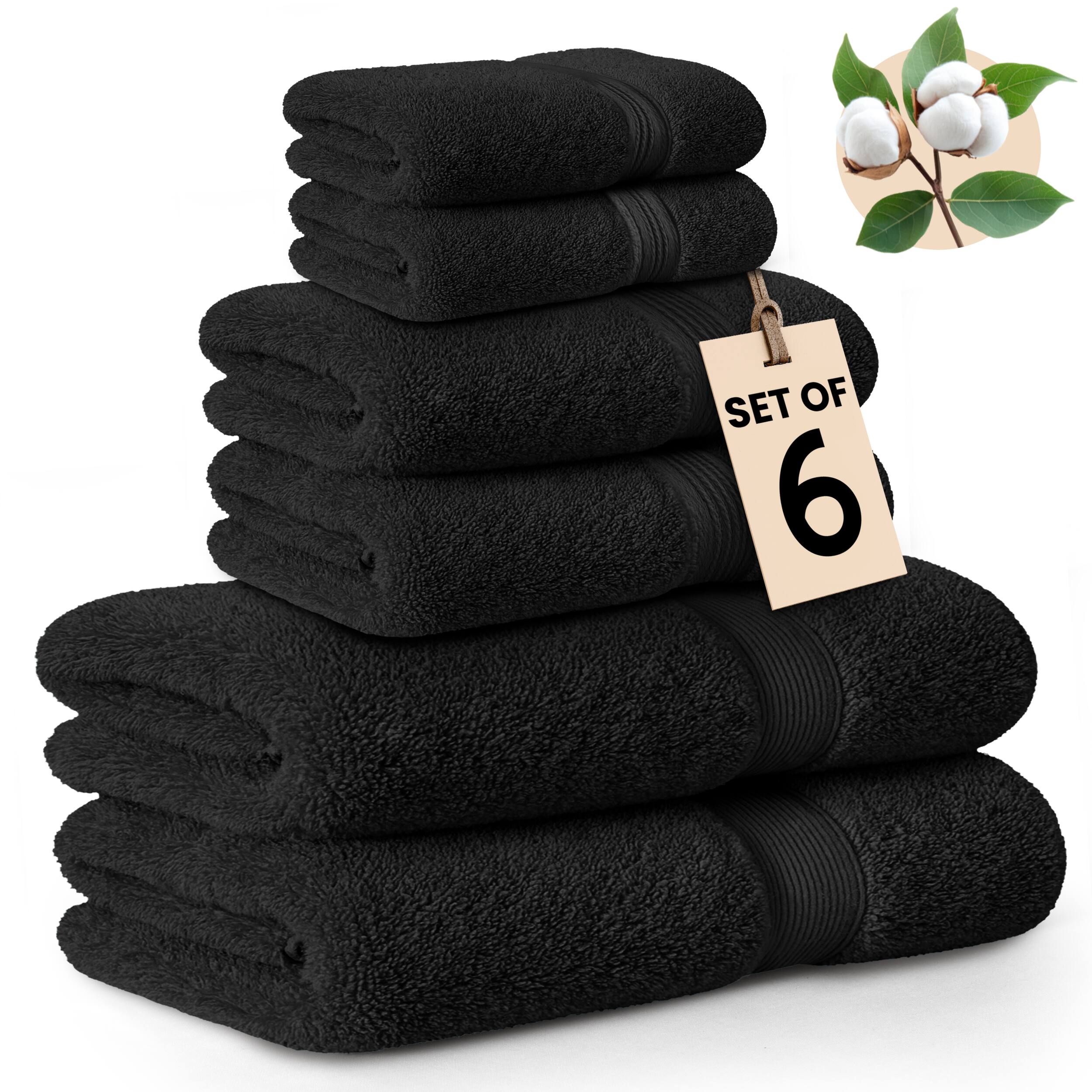 Lux Decor Collection - 6-Piece Bath Towel Set Soft 100% Cotton Zero Twist, Highly Absorbent & Quick-Dry Towels - Black