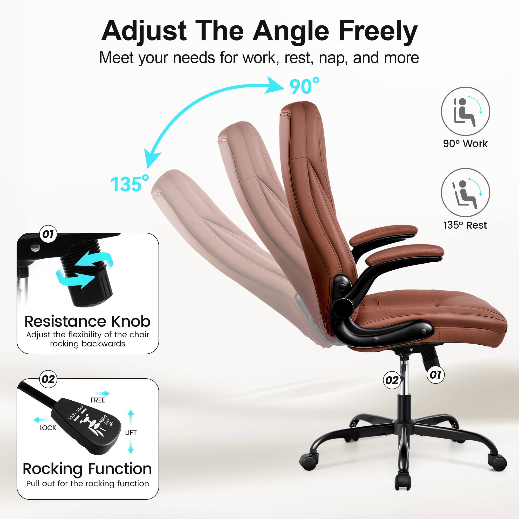 Adjust The Angle Freely  
Meet your needs for work, rest, nap, and more  

90° Work  
135° Rest  

Resistance Knob  
Adjust the flexibility of the chair rocking backwards  

Rocking Function  
Pull out for the rocking function  

LOCK  
FREE  
LIFT