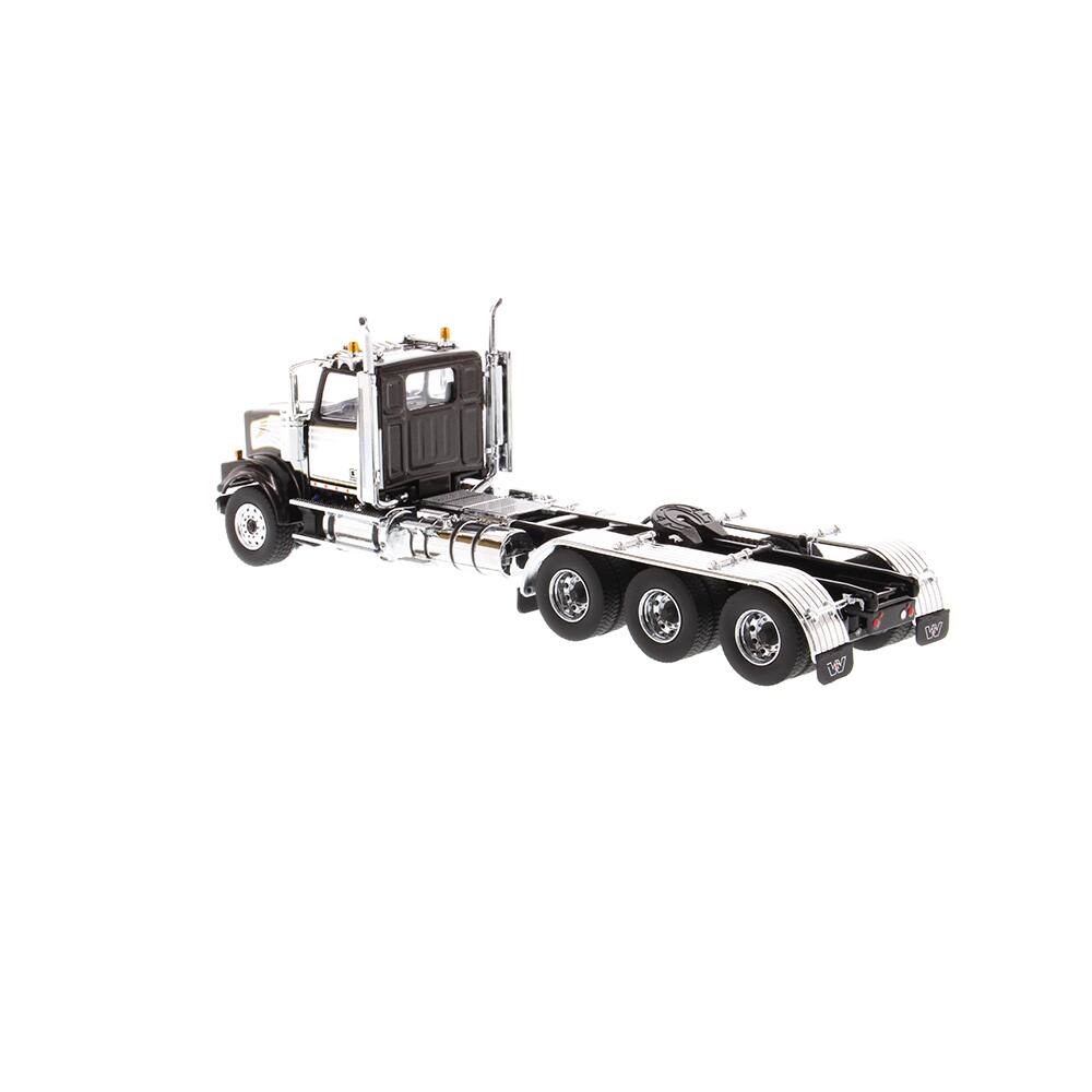 Left. Diecast Masters - Western Star 4900 SF Tridem Day Cab Truck Tractor Black "Transport Series" 1/50 Diecast Model by Diecast Masters - Black.