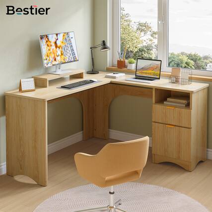 Front. Bestier - 55inch L-Shaped Computer Desk with File Drawer Monitor Stand and Fluted Panels Office Desk - Natual Oak.