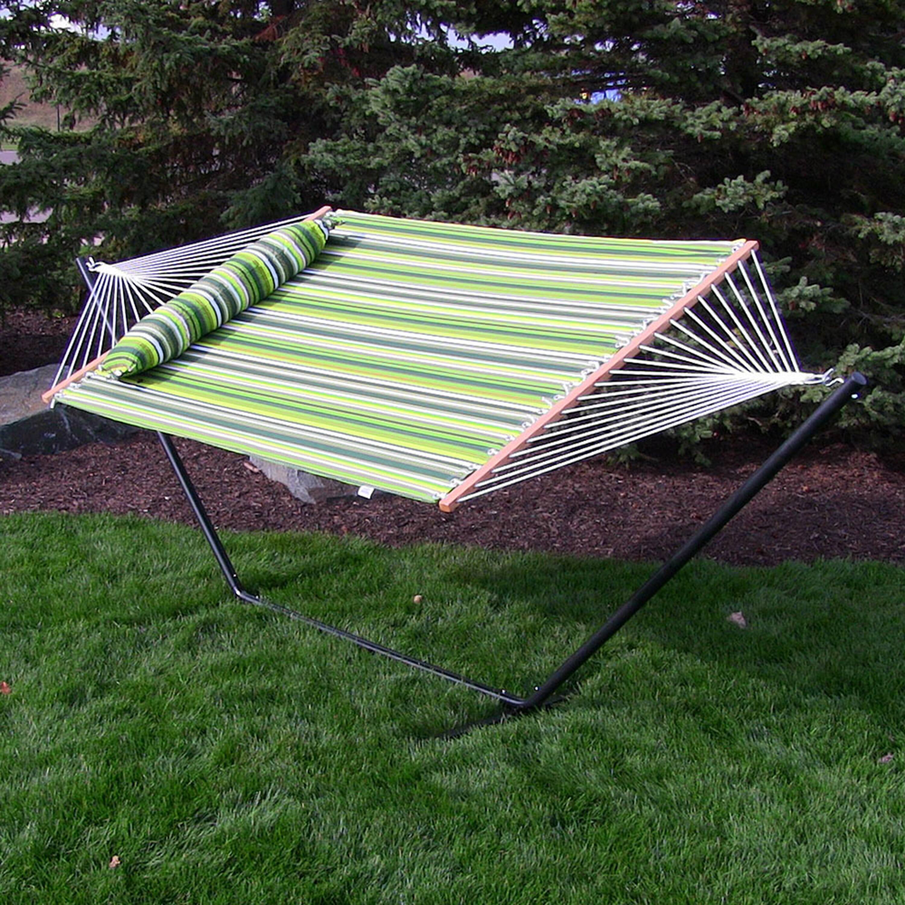Alt View 2. Sunnydaze - 2-Person Quilted Fabric Hammock with Steel Stand - Melon Stripe.