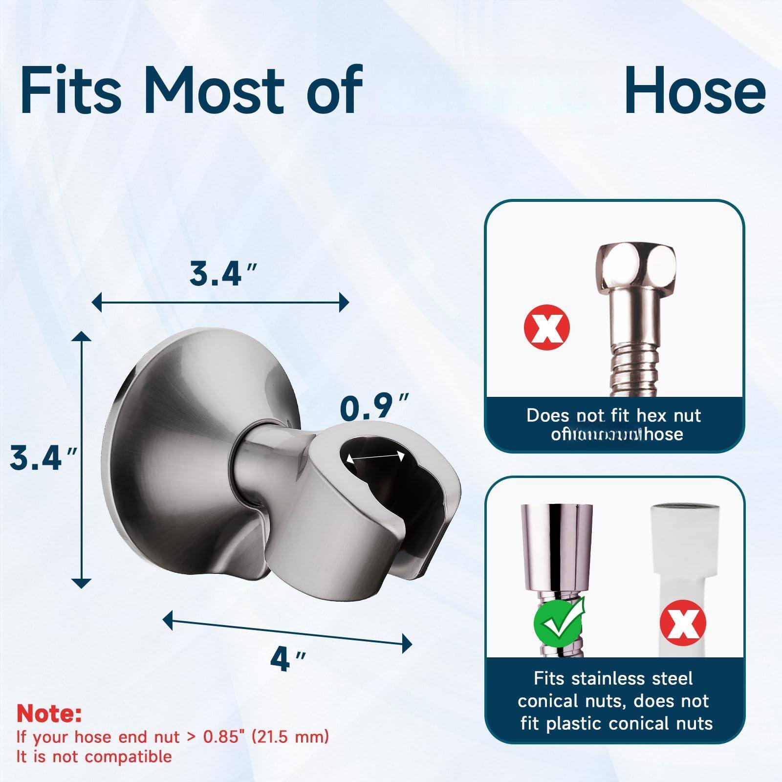 Fits Most of Hose

- 3.4" x 3.4" x 0.9"
- 4"

Note: If your hose end nut > 0.85" (21.5 mm), it is not compatible

- Does not fit hex nut offanrunthose
- Fits stainless steel conical nuts, does not fit plastic conical nuts