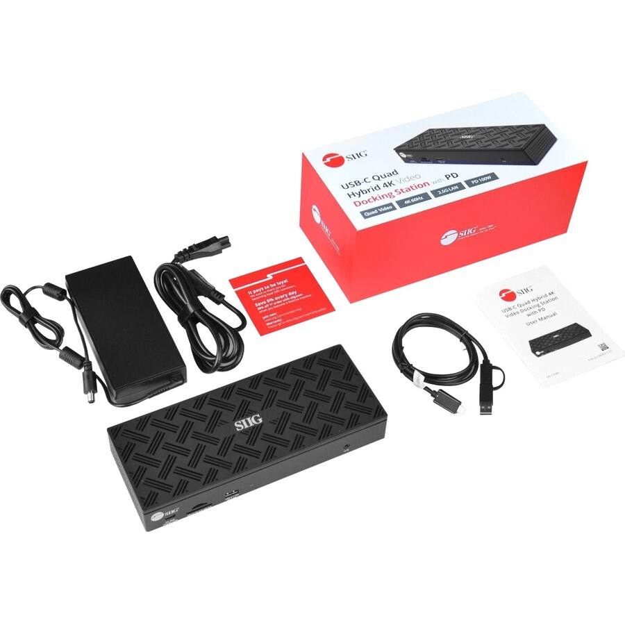- USB-C Quad 4K Video Hybrid Station with PD
- 32G LAN
- 4K@60Hz
- Quad Video
- Docking Station
- User Manual
- Warranty Card
- Power Adapter
- USB-C Cable
- HDMI Cable