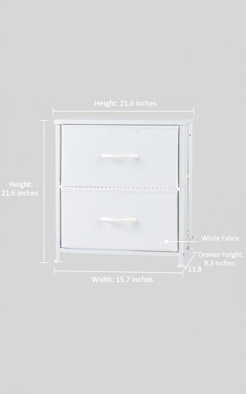 Height: 21.6 inches  
Width: 15.7 inches  
Drawer Height: 8.3 inches  
White Fabric
