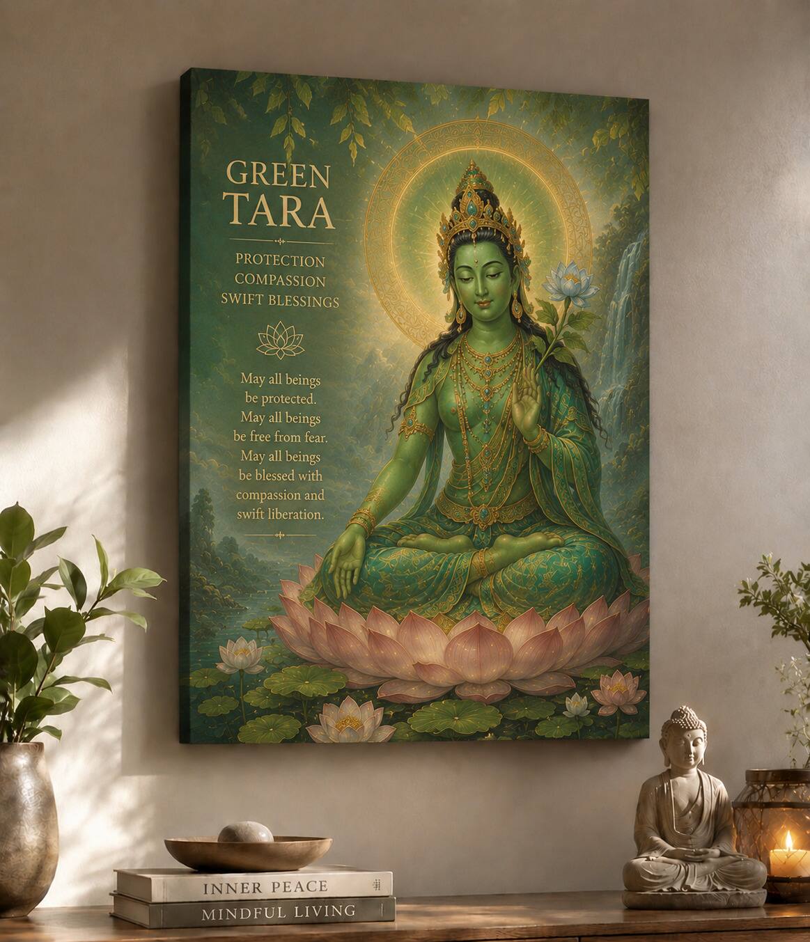 GREEN TARA  
PROTECTION COMPASSION SWIFT BLESSINGS  

May all beings be protected.  
May all beings be free from fear.  
May all beings be blessed with compassion and swift liberation.  

INNER PEACE  
MINDFUL LIVING