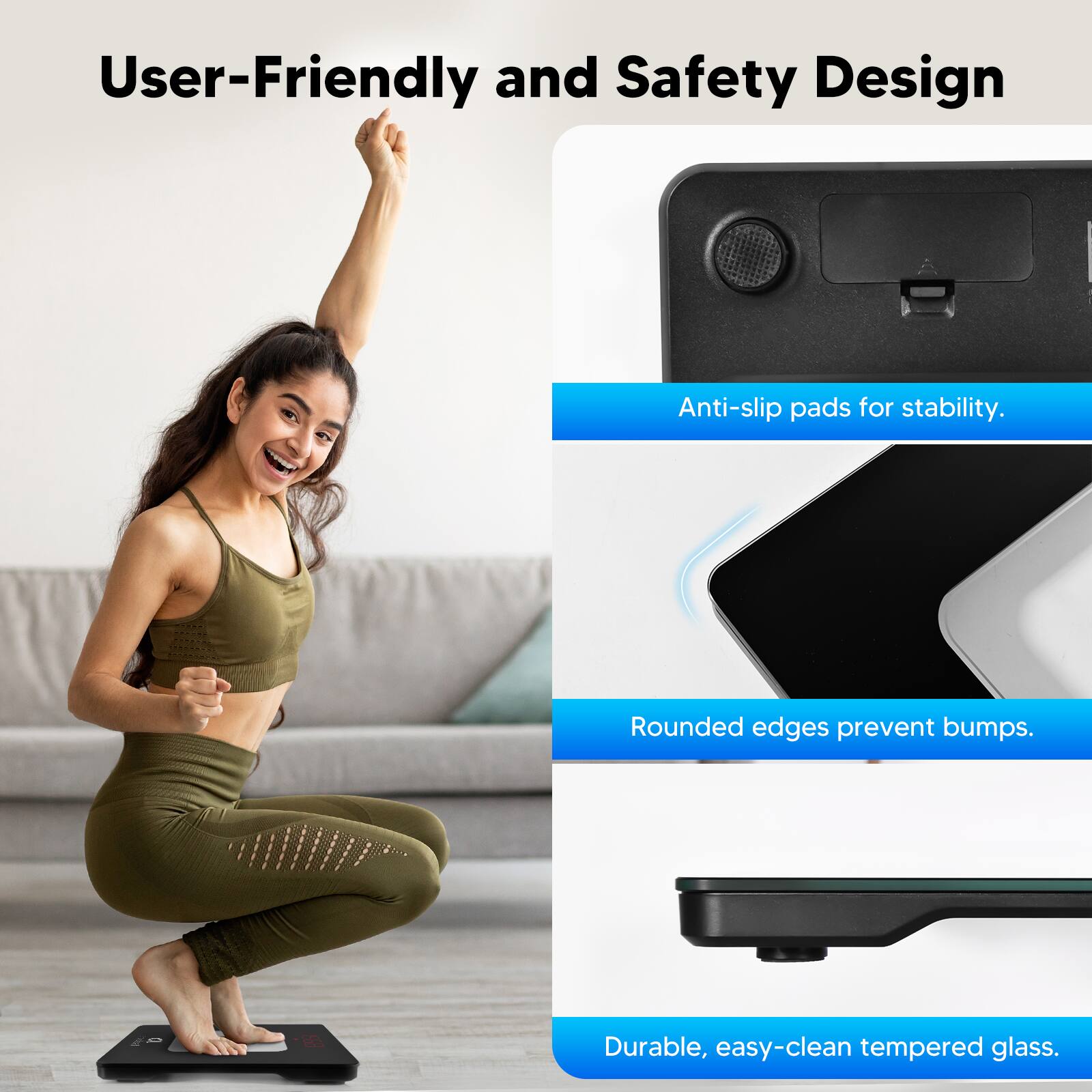 The image features a woman sitting on a couch with a cell phone in her hand. The text on the image highlights the user-friendly and safety design of the cell phone, which includes anti-slip pads for stability and rounded edges to prevent bumps. The phone is made of durable, easy-clean tempered glass.