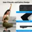 The image features a woman sitting on a couch with a cell phone in her hand. The text on the image highlights the user-friendly and safety design of the cell phone, which includes anti-slip pads for stability and rounded edges to prevent bumps. The phone is made of durable, easy-clean tempered glass.