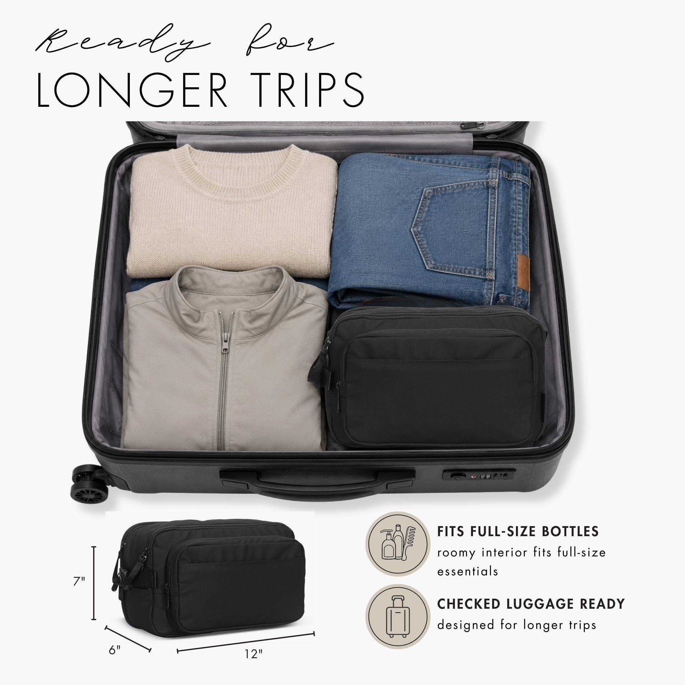 Ready for LONGER TRIPS

FITS FULL-SIZE BOTTLES
roomy interior fits full-size essentials

CHECKED LUGGAGE READY
designed for longer trips

7"  
6"  
12"