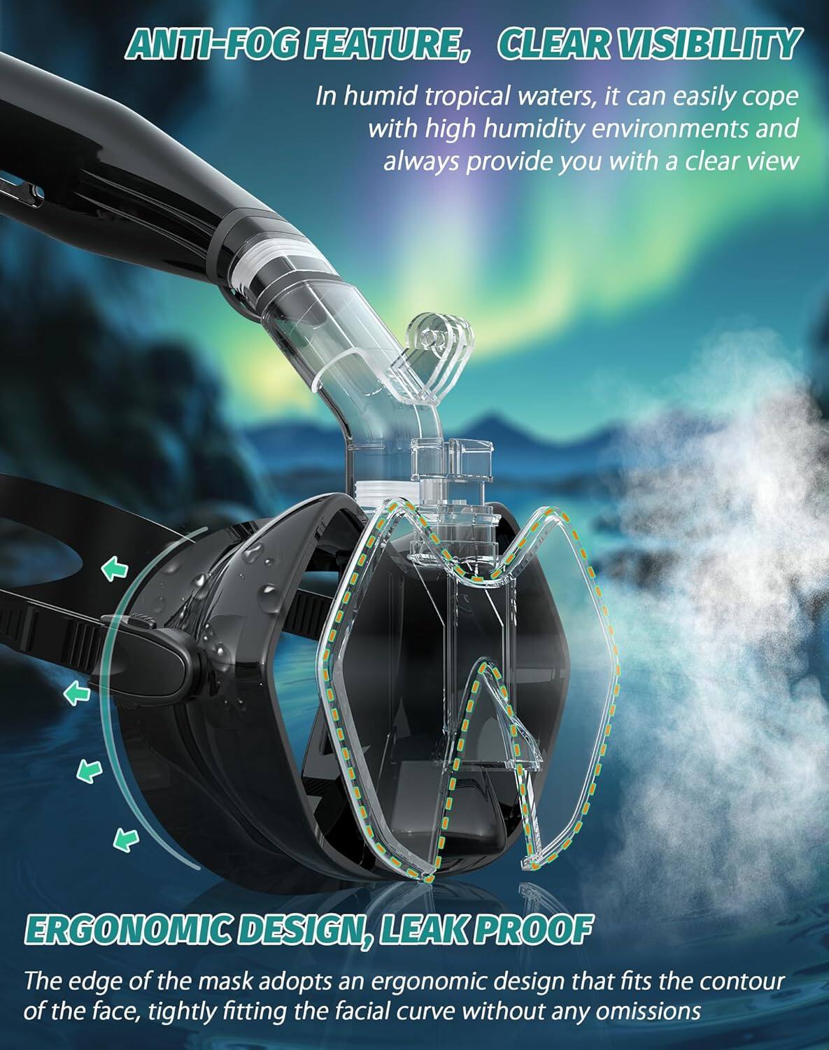 ANTI-FOG FEATURE, CLEAR VISIBILITY  
In humid tropical waters, it can easily cope with high humidity environments and always provide you with a clear view  

ERGONOMIC DESIGN, LEAK PROOF  
The edge of the mask adopts an ergonomic design that fits the contour of the face, tightly fitting the facial curve without any omissions