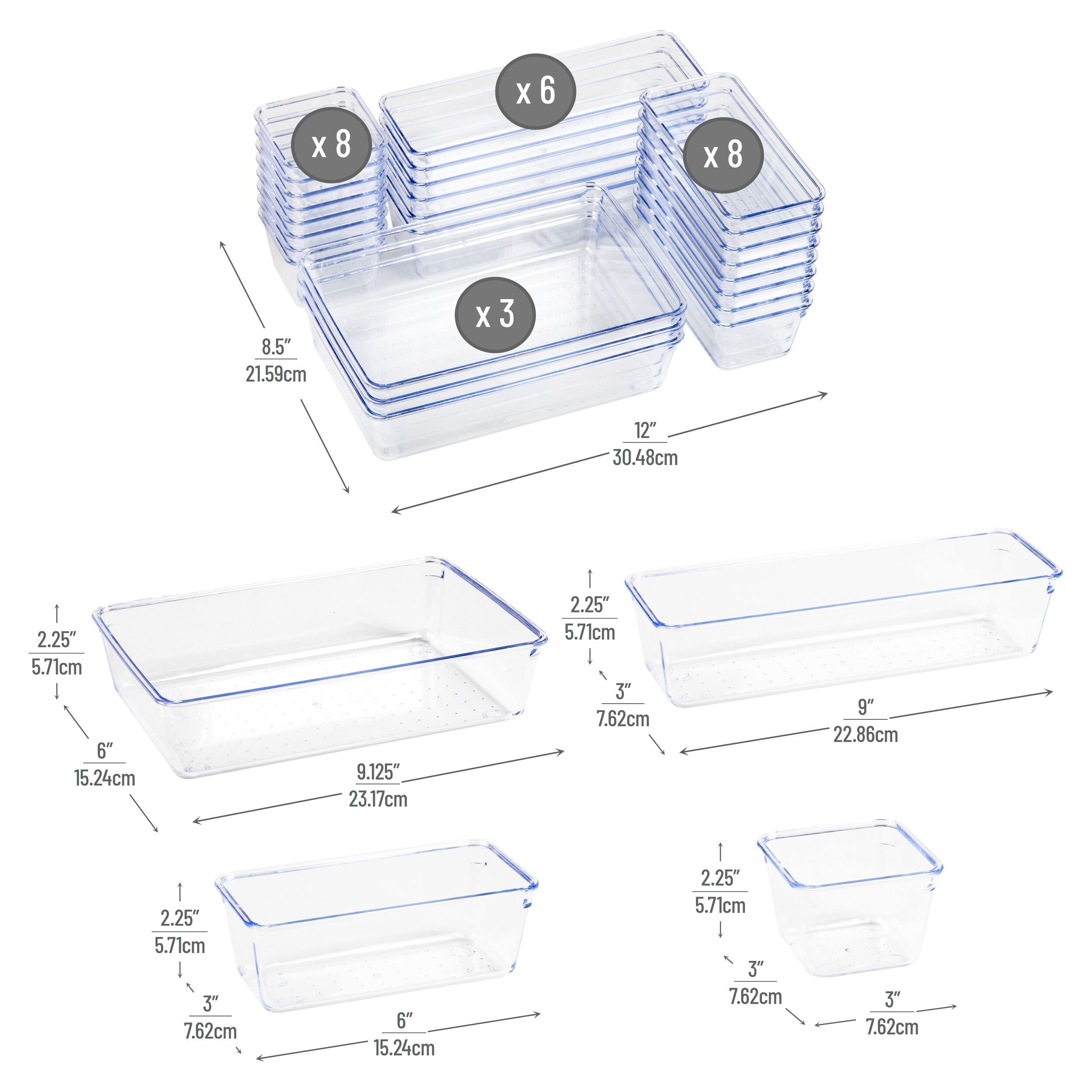 Sure, here is the corrected and grouped text from the image:

- **Dimensions:**
  - 8.5" x 12" x 2.25" (21.59cm x 30.48cm x 5.71cm)
  - 9.125" x 6" x 2.25" (23.17cm x 15.24cm x 5.71cm)
  - 9" x 3" x 2.25" (22.86cm x 7.62cm x 5.71cm)
  - 6" x 3" x 2.25" (15.24cm x 7.62cm x 5.71cm)
  - 3" x 3" x 2.25" (7.62cm x 7.62cm x 5.71cm)

- **Quantity:**
  - 8 x 8
  - 6 x 8
  - 3 x 3