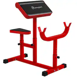 Soozier - Adjustable Preacher Curl Bench with Brabell Rack, Strength Training Seated Arm Isolated Barbell Dumbbell Bicep Station - Red